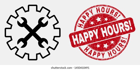 Vector contour tools gear icon and Happy Hours! stamp. Blue rounded distress stamp with Happy Hours! text. Black isolated tools gear icon in line style.