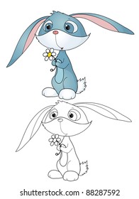 vector contour toy bunny with chamomiles, coloring with color version