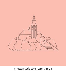 Vector contour travel icon about Slovenia (lake Bled). Welcome to Slovenia. Line art.