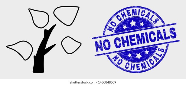 Vector contour tree plant icon and No Chemicals seal. Blue rounded scratched seal stamp with No Chemicals message. Black isolated tree plant icon in contour style.