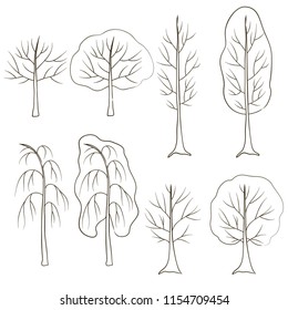 vector contour trees forest botanical hand drawn sketch coloring book element set seamless  pattern for your design
