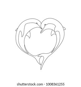 Vector contour of two dolphin couple in love with shape heart. Coloring page book