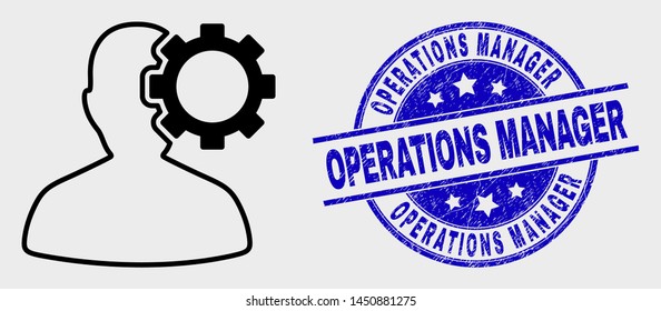 Vector contour user options gear pictogram and Operations Manager watermark. Blue round distress stamp with Operations Manager text. Black isolated user options gear pictogram in contour style.
