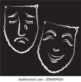 Vector contour watercolor brush drawing of sad and glad human masks