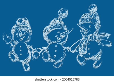 Dibujo de pincel acuarela de contorno vectorial de tres animados hombres de nieve caminando