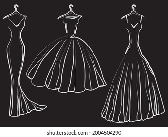 Vector contour watercolor brush drawing of silhouettes evening female dresses