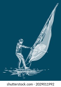 Vector contour watercolor brush drawing of surfer under sail in the sea