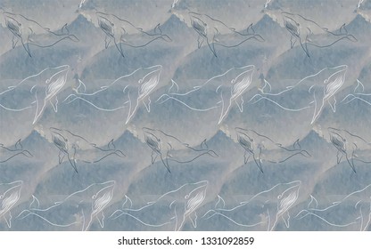 Vector contour whales swim across the watercolor ocean towards each other. Vector seamless image in gentle blue tones. Soft watercolor stripes. Easy rhythmic pattern.