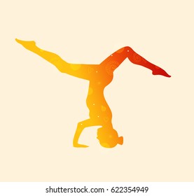 Vector contour of woman in the yoga pose, headstand. Decorative silhouette. Relax and meditate, workout. Healthy lifestyle, wellness beautiful illustration