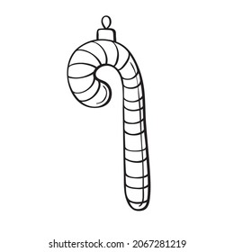 Vector contoured glass toy, decoration in form of candy cane for xmas tree, in doodle style. Clipart for Merry Christmas and New Year greeting card, coloring book, template for children creativity