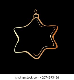 Vector contoured gold toy, decoration in form of star for xmas tree, in doodle style. Clipart for Merry Christmas and New Year, template for children creativity