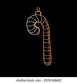 Vector contoured gold toy, decoration in form of candy cane for xmas tree, in doodle style. Clipart for Merry Christmas and New Year greeting card, template for children creativity