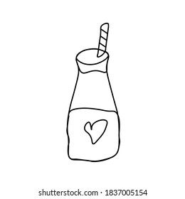 Vector contoured milkshake black line. Romantic food decoration doodle style. Graphic dessert hand draw for Valentine's Day. Design for social networks, articles, posters, cards, web, menus.
