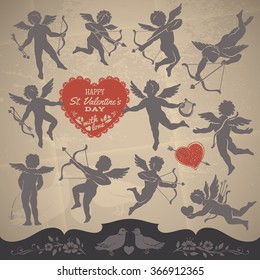 Vector Contours Set of Cupids with Romantic Decoration on Old Paper Background