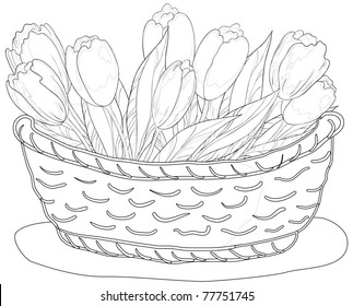 Vector, contours, wattled basket with flowers tulips and leaves