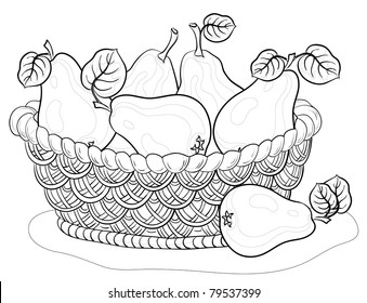 Vector, contours, wattled basket with fruits, pears with leaves