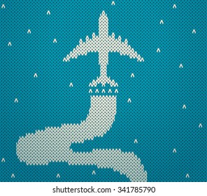 Vector contrast avia card with knitted airplane on a blue background with airtrack, minimalistic style