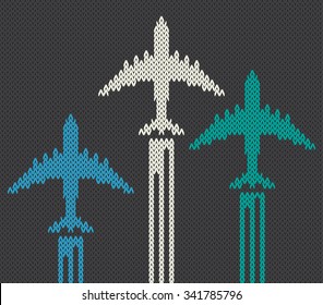 Vector contrast avia card with knitted airplanes on a dark night background with airtrack, minimalistic style
