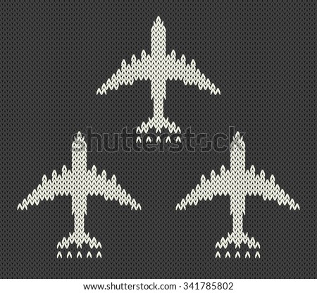 Vector contrast avia card with knitted airplanes on a dark night background, minimalistic style