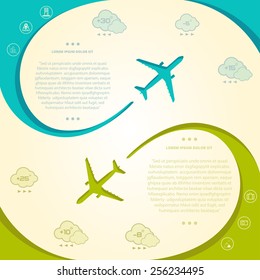 Vector contrast bright business avia card with two swirled airplanes, minimalistic style, whirlwind of airplane, for travel agencies, aviation companies