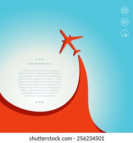 Vector contrast bright business avia card with airplane, minimalistic style, whirlwind of airplane, for travel agencies, aviation companies