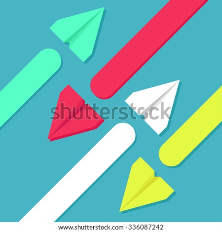Vector contrast bright business avia card with paper airplanes, minimalistic style, whirlwind of airplane, for travel agencies, aviation companies