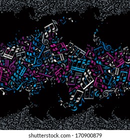 Vector contrast colorful horizontal seamless tape with striped musical notes on black background.
