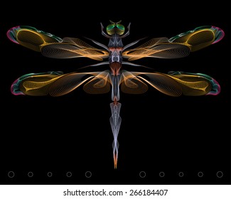Vector contrast colorful illustration of a dragonfly on a black background. Unique unusual lineart, lace gradient style of an symmetric, mirrored insect.  