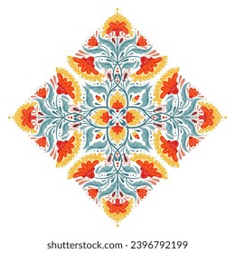 Vector contrast decorative illustration of floral rhombus composition. Folk art clipart with symmetrical kaleidoscope red flowers, stems and foliage isolated from background for card, sublimation.
