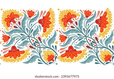 Vector contrast decorative seamless horizontal border with flower arrangement. Folk art frieze with geometric red flowers and blue stems with foliage isolated from background for brush swatches