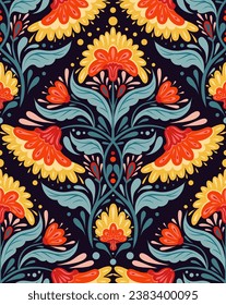 Vector contrast decorative seamless pattern with flower arrangement. Folk art texture with traditional symmetrical red flowers and stems with foliage on blue background for wrapping paper.