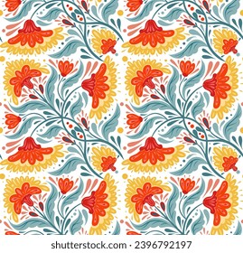 Vector contrast folk art texture with tracery floral ornaments on white background. Decorative seamless pattern with red flowers and blue foliage for wrapping paper, wallpaper.