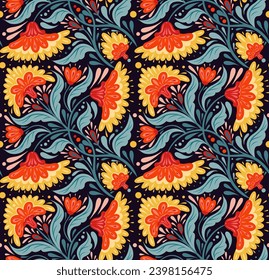 El vector contrasta la textura de arte folclórico con ornamentos florales tracerosos sobre fondo oscuro. Decorativo patrón impecable con flores rojas y hojas azules para envolver papel, papel pintado.