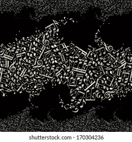 Vector contrast horizontal seamless tape with striped musical notes on black background.
