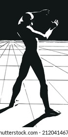 Vector contrast image of a man in full growth closing from a bright light 
