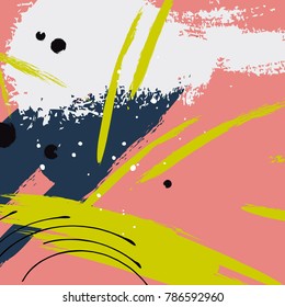 Vector contrast pattern with different brush strokes, lines and dots. Abstract pink texture with painted green blue elements. Perfect for package design, stationery, invitation.