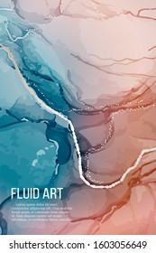 Vector contrast red blue rose silver marble poster, alcohol ink greeting card, website banner, abstract packaging with liguid flows background.