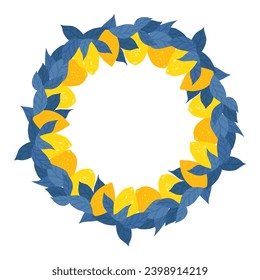 Vector contrast round frame with lemons, foliage and copy space. Hand drawn flat border with fruits and place for text. Circle framework with citruses and leaves isolated from the background.