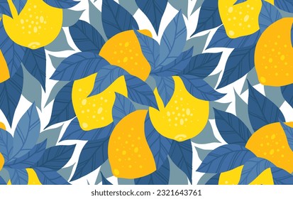 Vector contrast seamless pattern with bunch of lemons and blue foliage on white background. Texture with hand drawn flat citrus fruits and leaves. Natural background for fabric and wallpaper