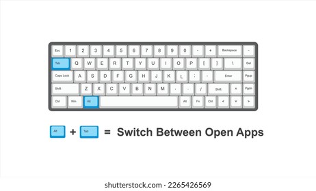 Vector control alt + tab = Switch Between Open Apps  - keyboard shortcuts - windows with keyboard white and blue illustration and transparent background isolated Hotkeys