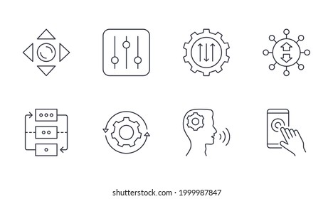 Vector control icons. Editable stroke. Voice and hand control, joystick game