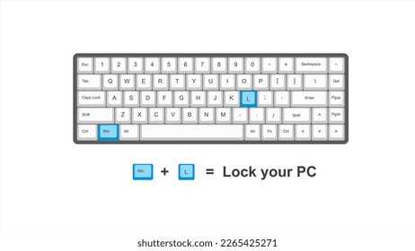 Vector control Win + L = Lock Your PC  - keyboard shortcuts - windows with keyboard white and blue illustration and transparent background isolated Hotkeys