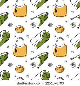vector contur and color spot seamless pattern of winter clothes