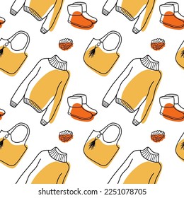 vector contur and color spot seamless pattern of winter clothes
