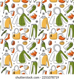 vector contur and color spot seamless pattern of winter clothes
