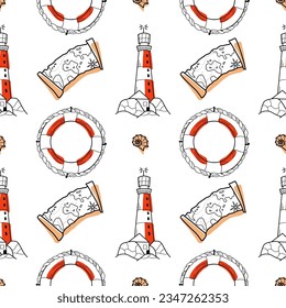 vector contur and color stain seamless pattern on the theme of sea cruise