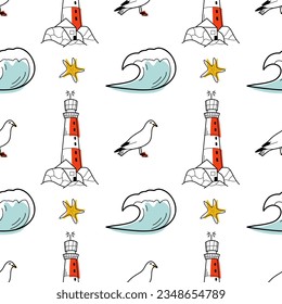 vector contur and color stain seamless pattern on the theme of sea cruise