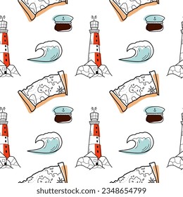 vector contur and color stain seamless pattern on the theme of sea cruise