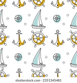 vector contur and color stain seamless pattern on the theme of sea cruise