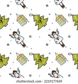 vector contur and pencil seamless pattern New Year s, Christmas decorations toys